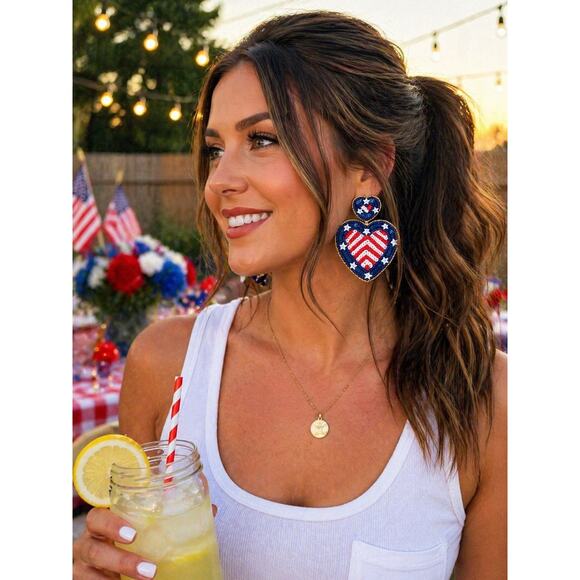 Unbranded Jewelry - NEW Americana Flag Heart Sequin Beaded Earrings Patriotic Statement Dangle